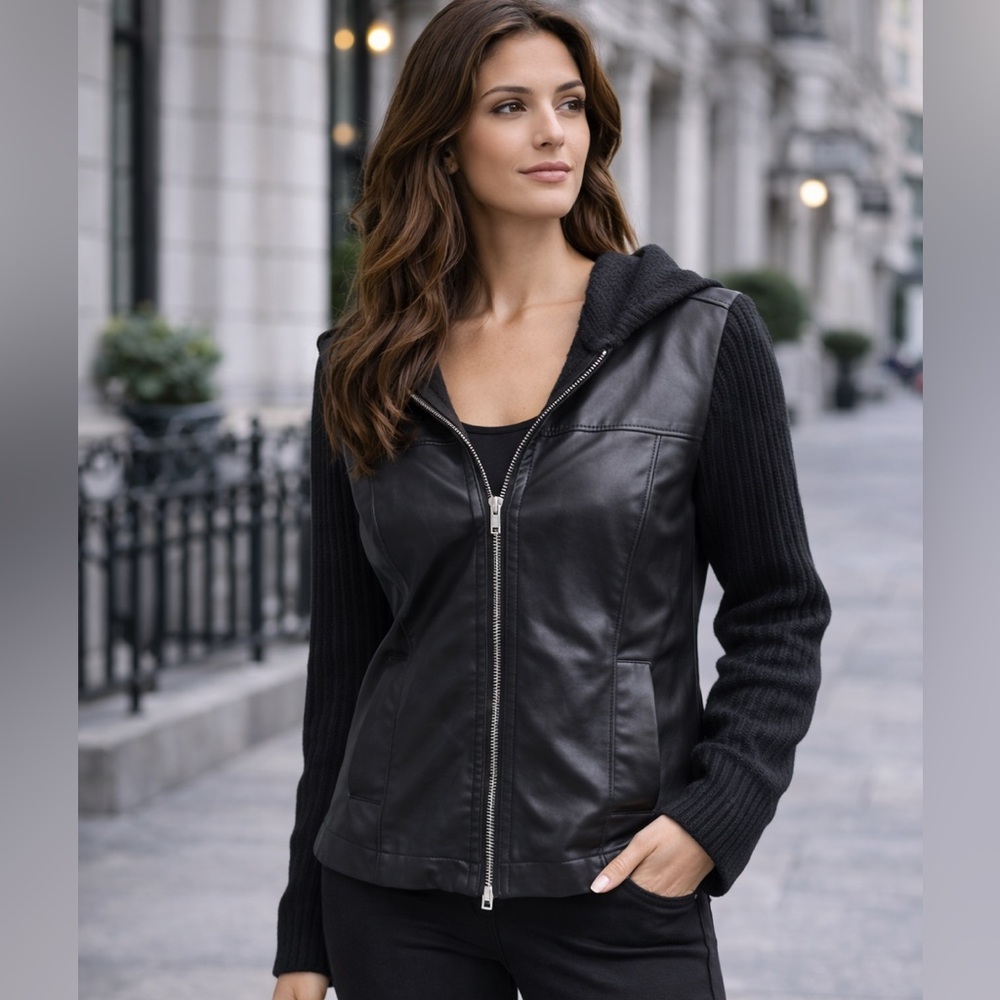 INC International Concepts Black Leather Jacket with Knit Sleeves